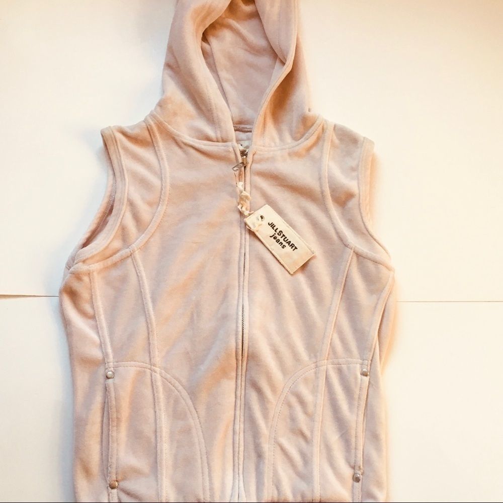 Jill Stuart jeans  cream velour sleeveless hoodie.